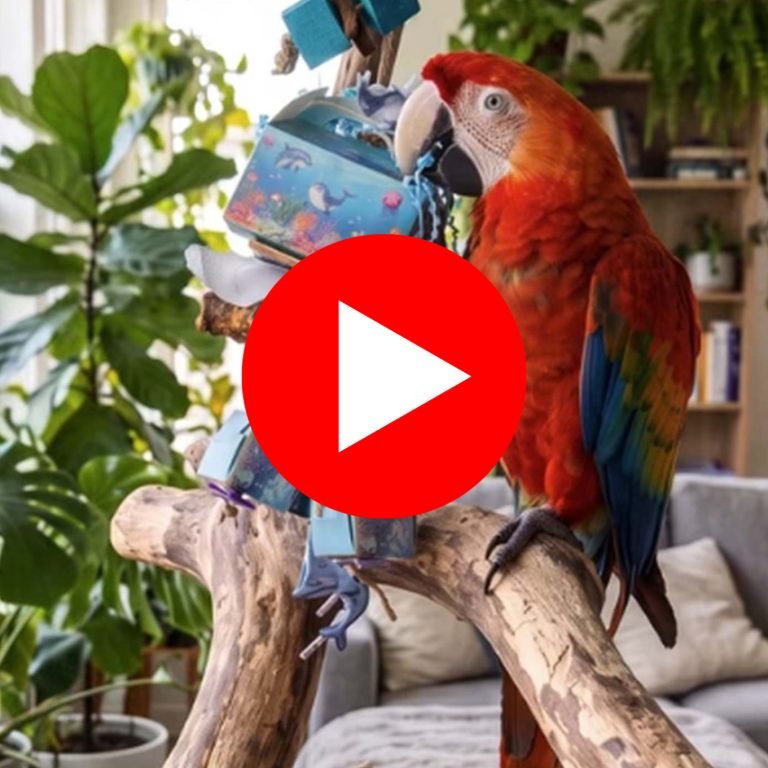 Vorschaubild zum Video: Ara testet handgefertigtes Papageienspielzeug von Becherglück.