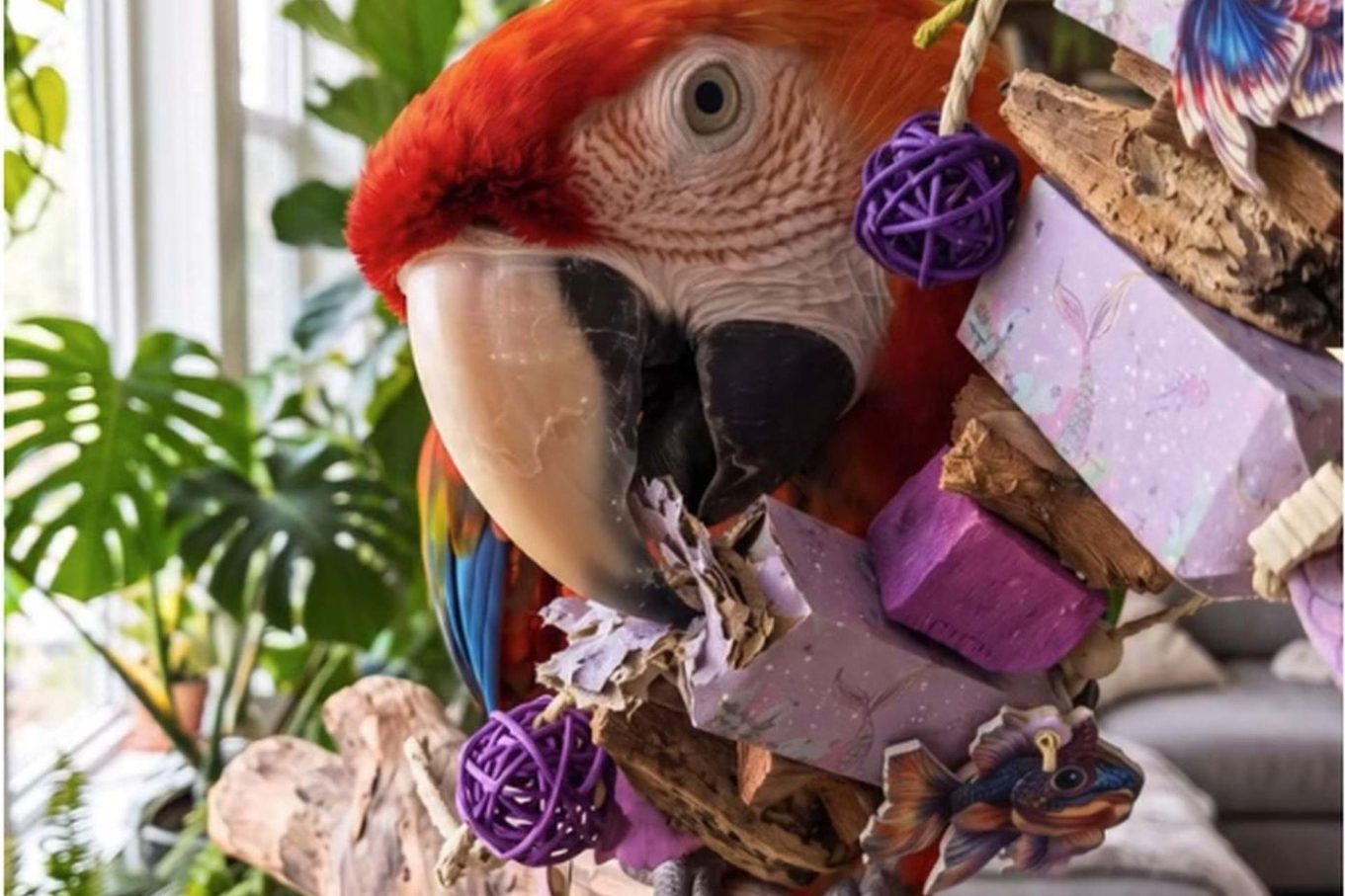 Rosakakadu spielt mit Becherspielzeug.